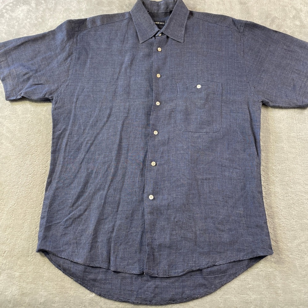 Gitman Bros Linen Shirt Mens Medium Blue Micro Check Preppy Casual Summer Liht